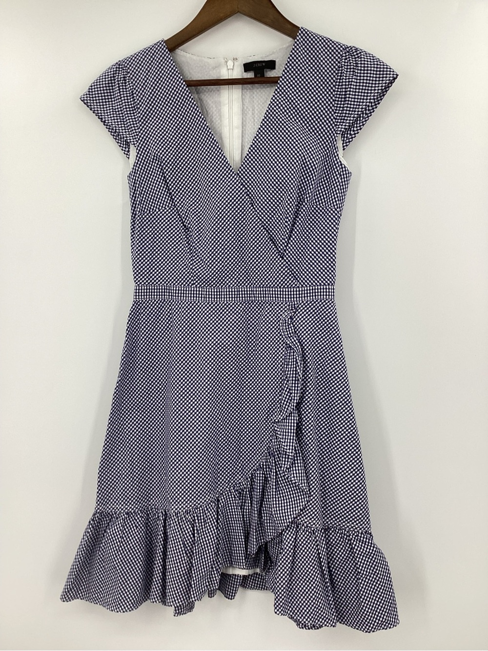 J. Crew Navy & White Gingham Wrap-Style Ruffle Dress